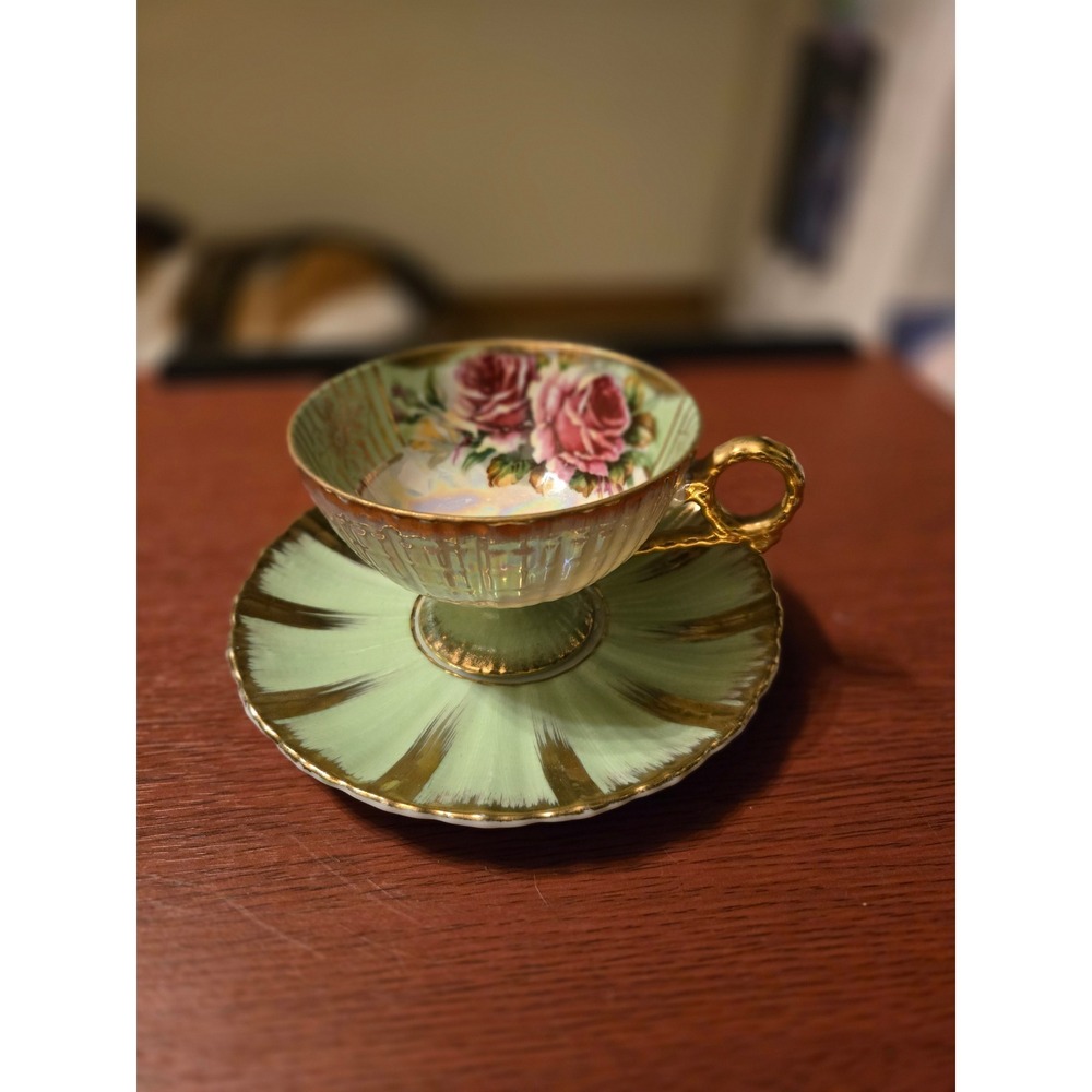 Royal Sealy China Vintage Lusterware Teacup and Saucer Set Green Pink Roses Gold